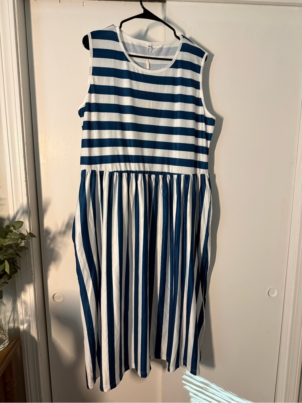 Blue and White Striped Sleeveless Midi Dress